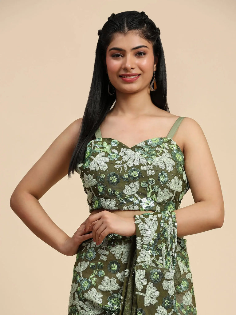 Enchanting Green Sequins Designer Ready To Wear Saree With Blouse