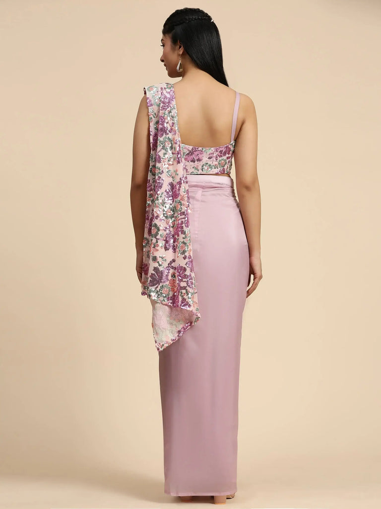 Stunning Pink Sequins Net Party Wear Pre-Stitched Saree With Blouse