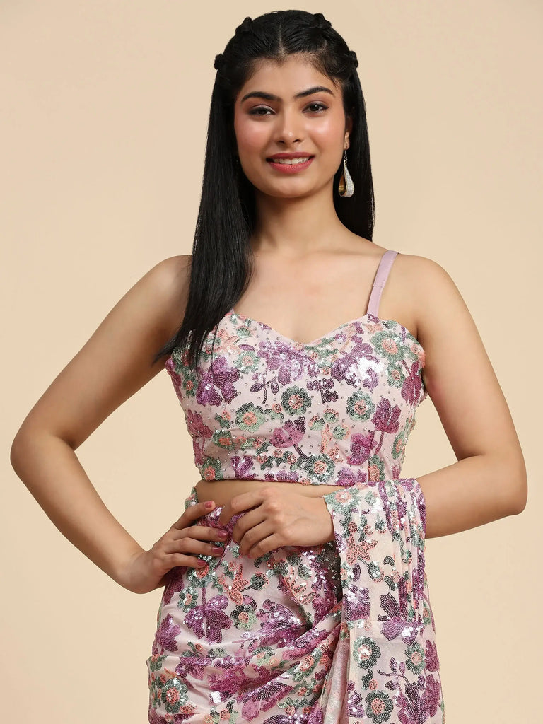 Stunning Pink Sequins Net Party Wear Pre-Stitched Saree With Blouse
