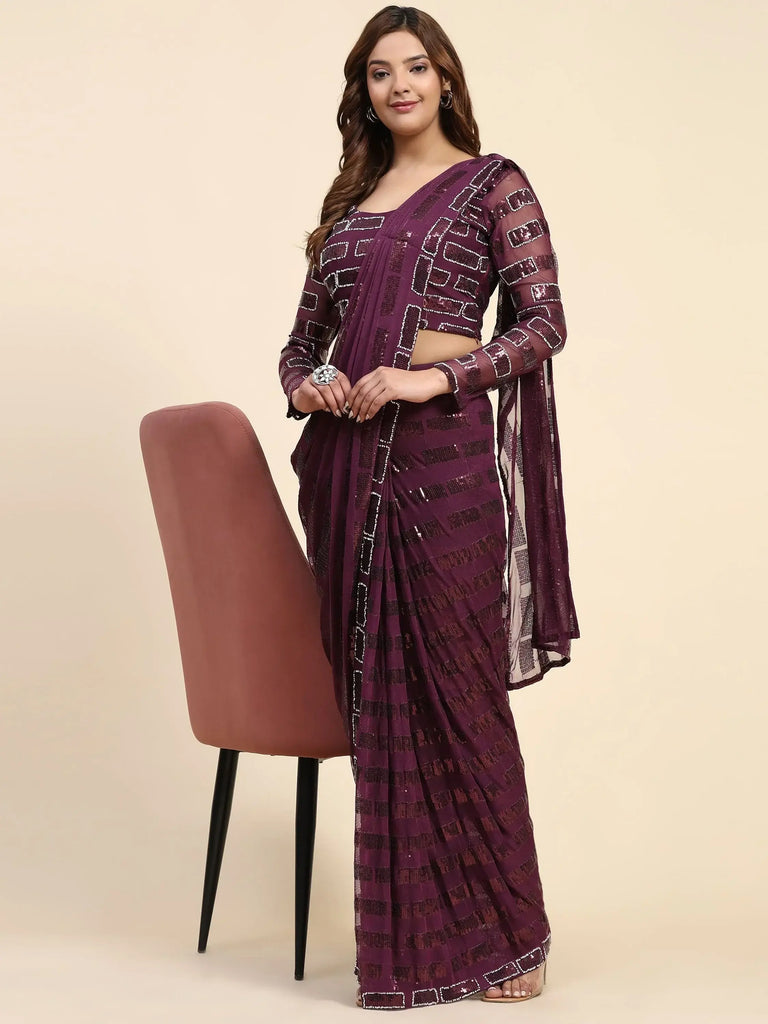 Wonderful Wine Sequins Work Georgette Ready To Wear Saree With Blouse