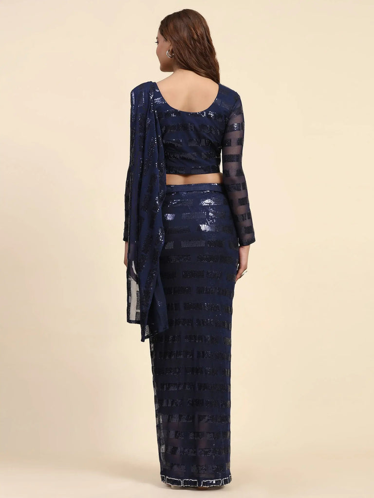 Lovely Blue Sequins Work Georgette Ready To Wear Saree With Blouse