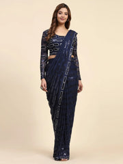 Lovely Blue Sequins Work Georgette Ready To Wear Saree With Blouse