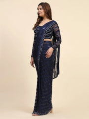 Lovely Blue Sequins Work Georgette Ready To Wear Saree With Blouse