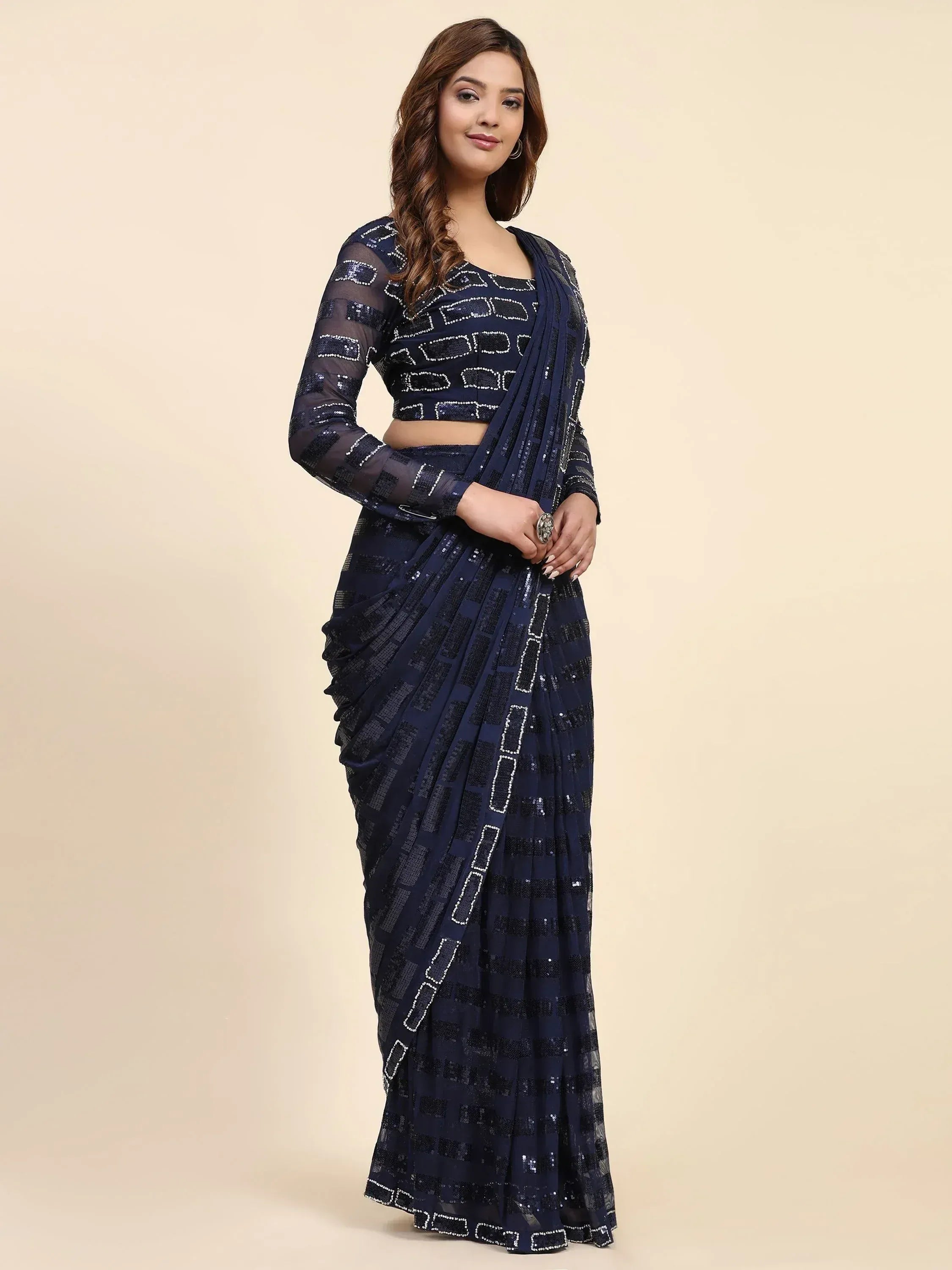 Navy blue sequin saree with geometric pattern and sheer long sleeve blouse, Indian ethnic wear