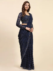 Lovely Blue Sequins Work Georgette Ready To Wear Saree With Blouse
