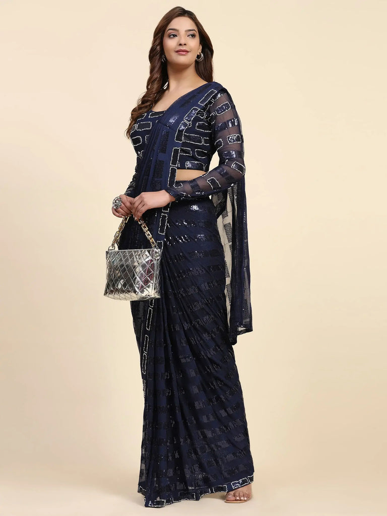 Lovely Blue Sequins Work Georgette Ready To Wear Saree With Blouse