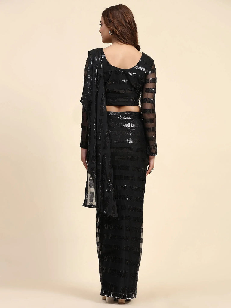 Adorable Black Sequins Work Georgette Ready To Wear Saree With Blouse