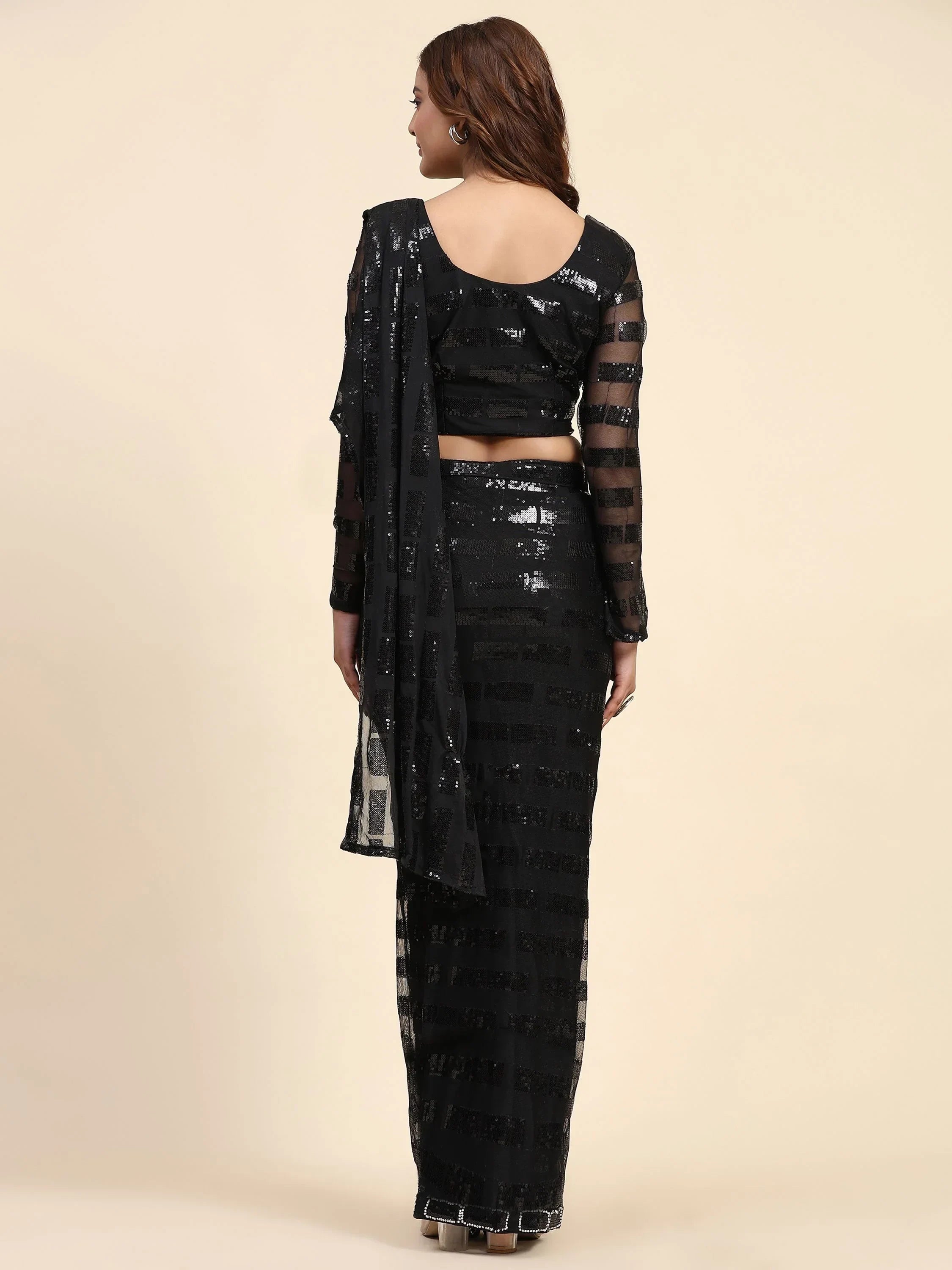 Adorable Black Sequins Work Georgette Ready To Wear Saree With Blouse