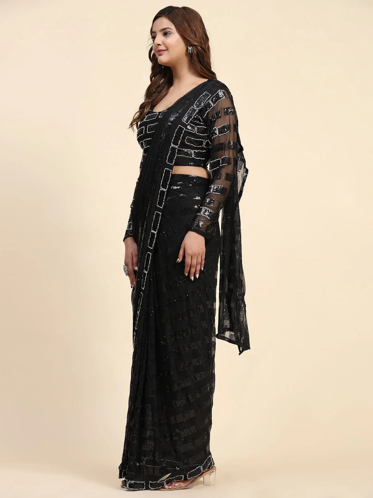 Adorable Black Sequins Work Georgette Ready To Wear Saree With Blouse