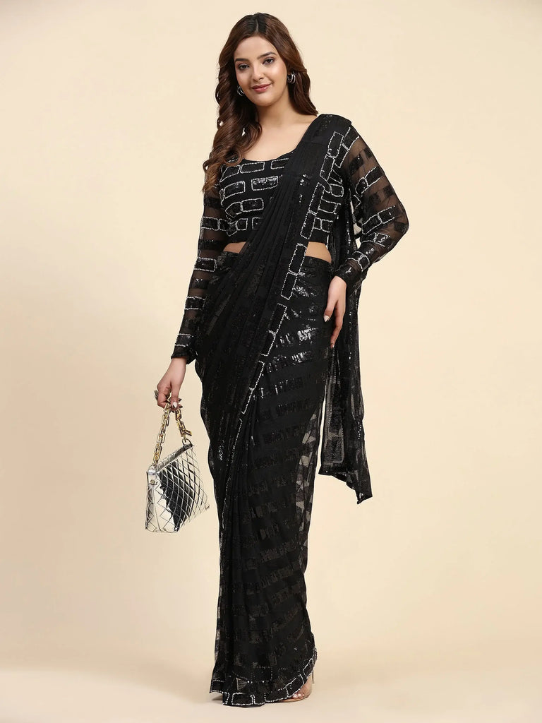 Adorable Black Sequins Work Georgette Ready To Wear Saree With Blouse