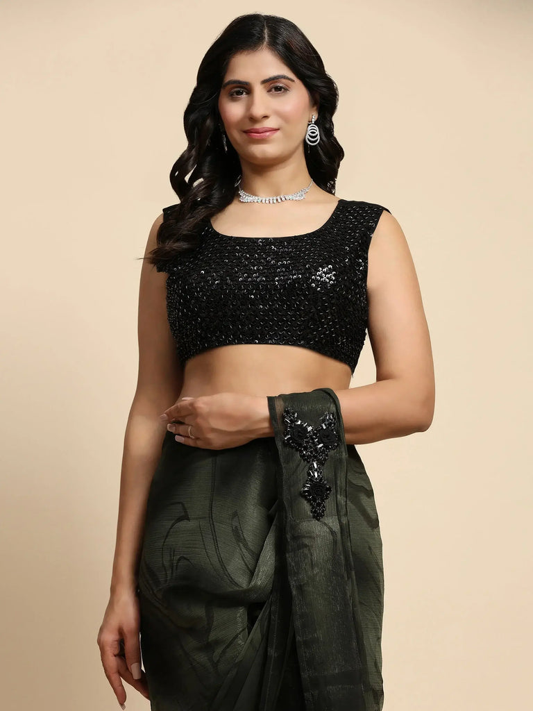 Stylish Green Satin Festival Wear Saree With Blouse