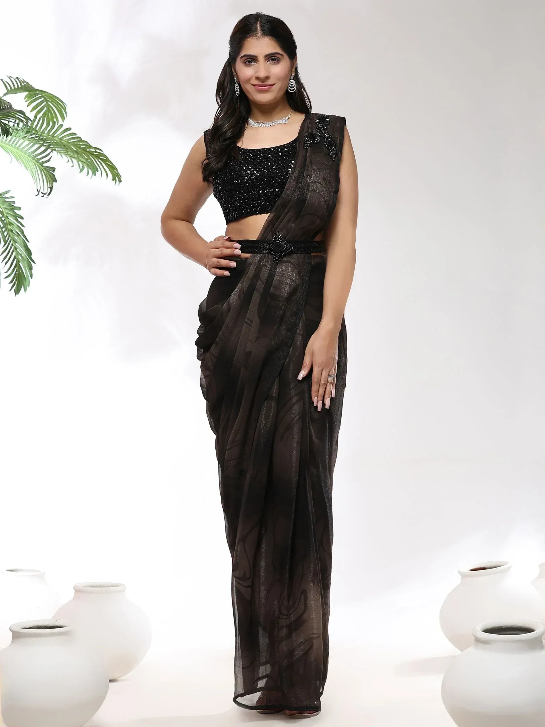 Adorable Dark Brown Satin Wedding Ready To Wear Saree With Blouse