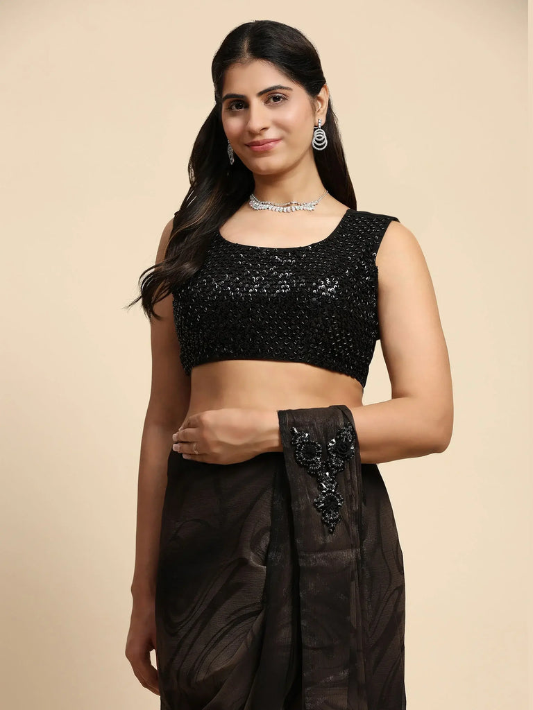 Adorable Dark Brown Satin Wedding Ready To Wear Saree With Blouse