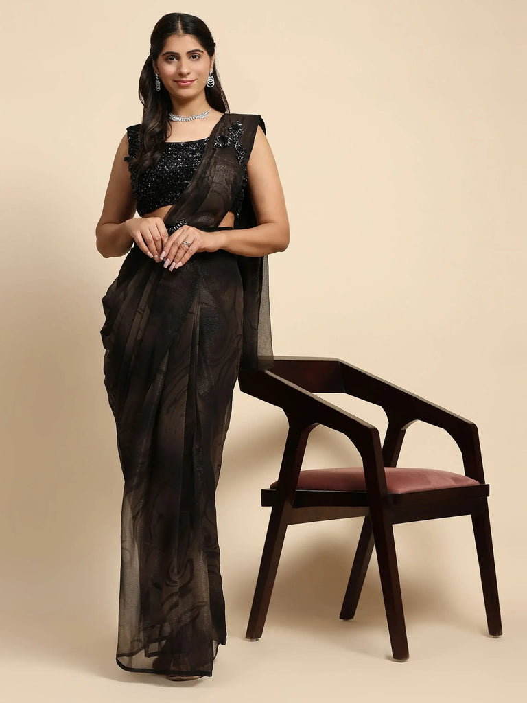 Adorable Dark Brown Satin Wedding Ready To Wear Saree With Blouse