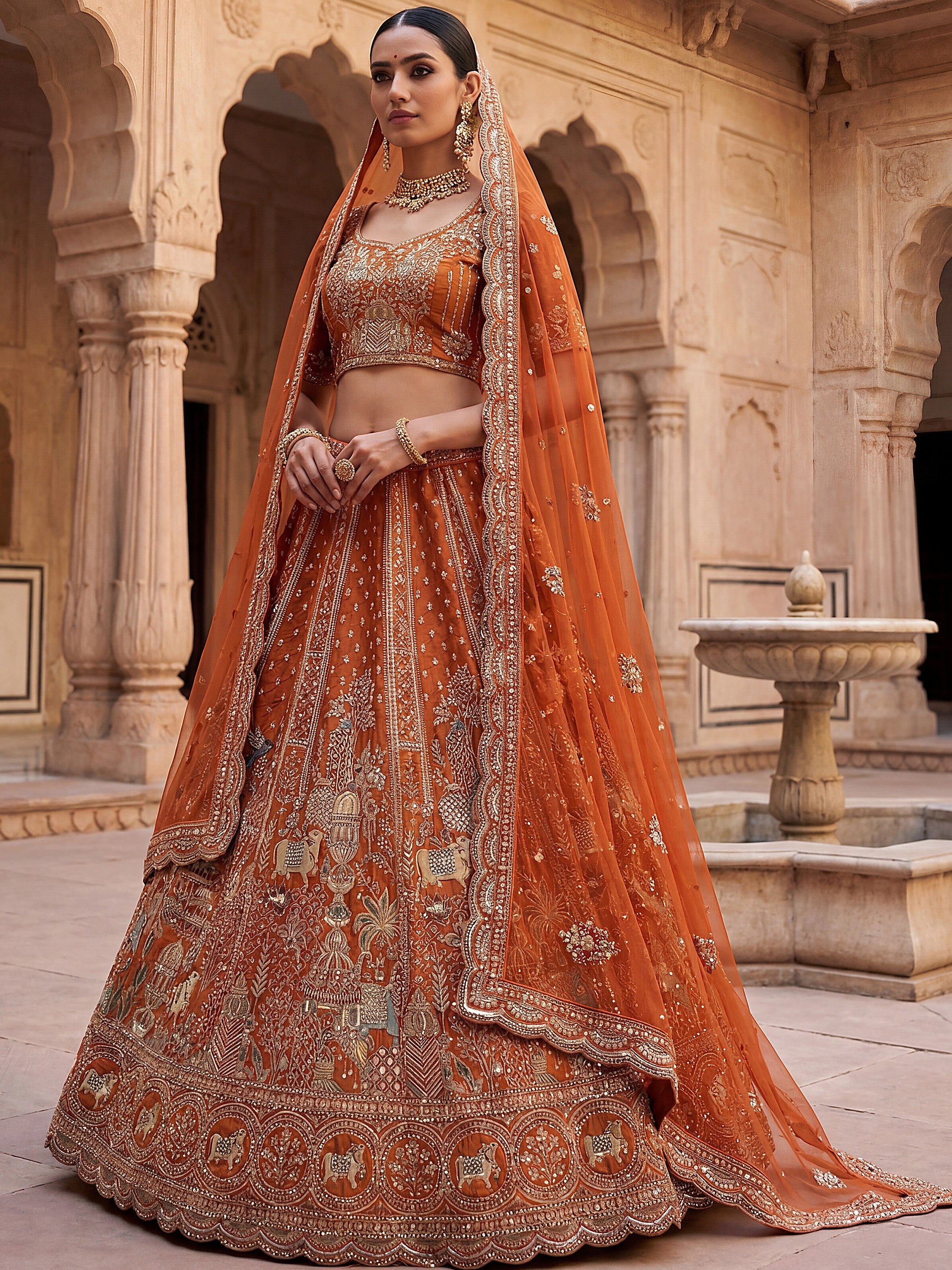 Classic Orange Embroidered Silk Bridal Lehenga Choli With Double Dupatta