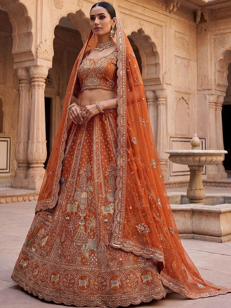 Classic Orange Embroidered Silk Bridal Lehenga Choli With Double Dupatta