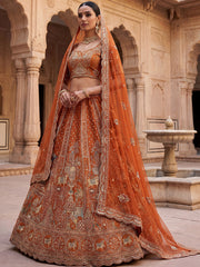 Classic Orange Embroidered Silk Bridal Lehenga Choli With Double Dupatta