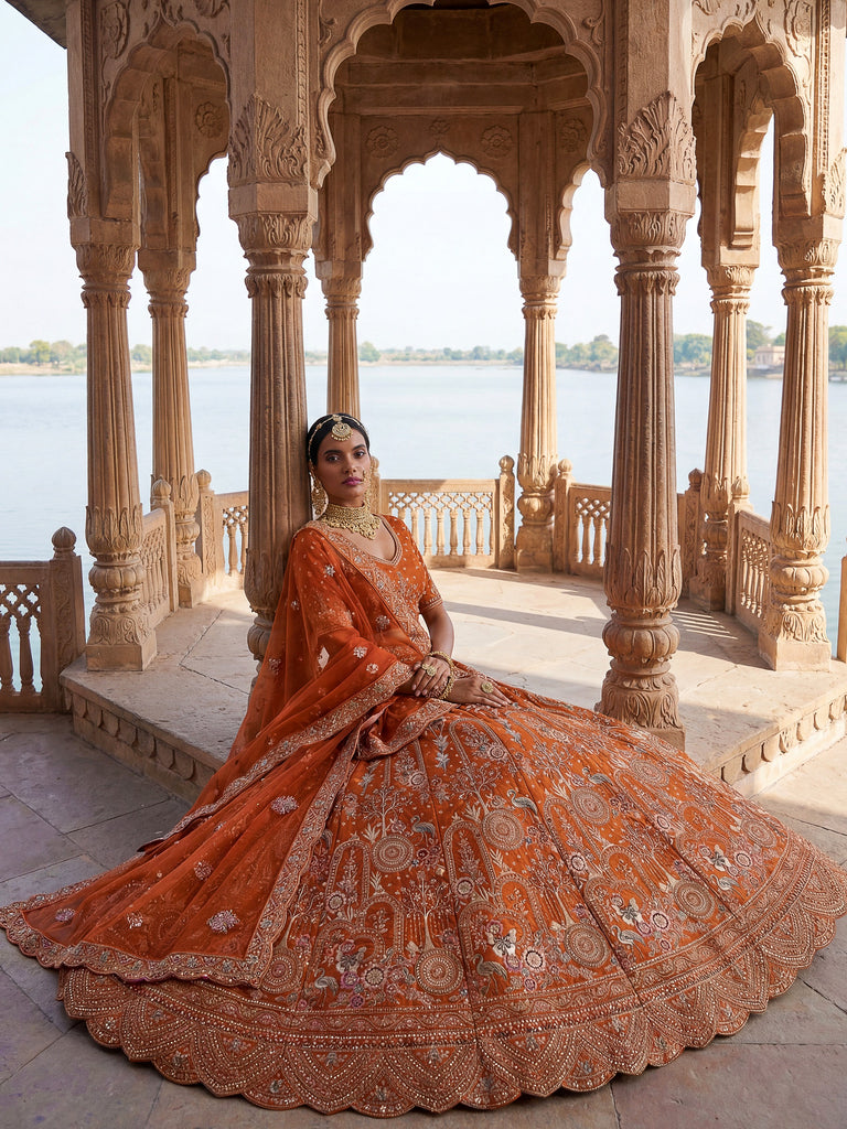 Great Orange Dori Work Silk Bridal Lehenga Choli With Double Dupatta