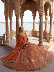 Great Orange Dori Work Silk Bridal Lehenga Choli With Double Dupatta
