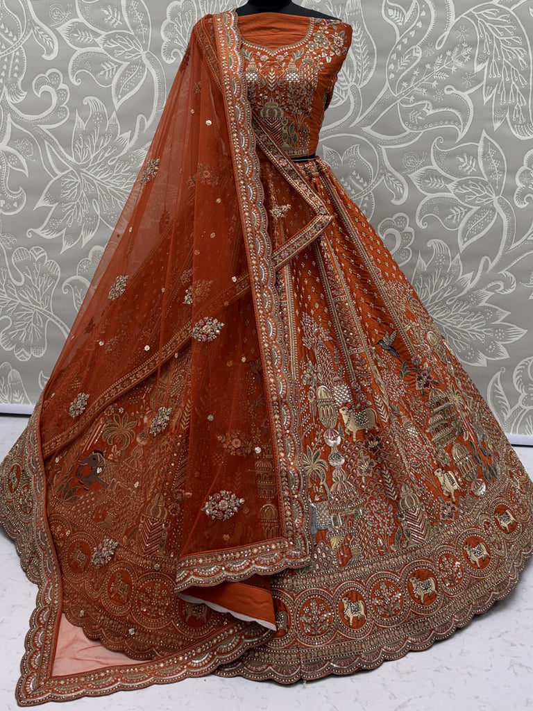 Classic Orange Embroidered Silk Bridal Lehenga Choli With Double Dupatta