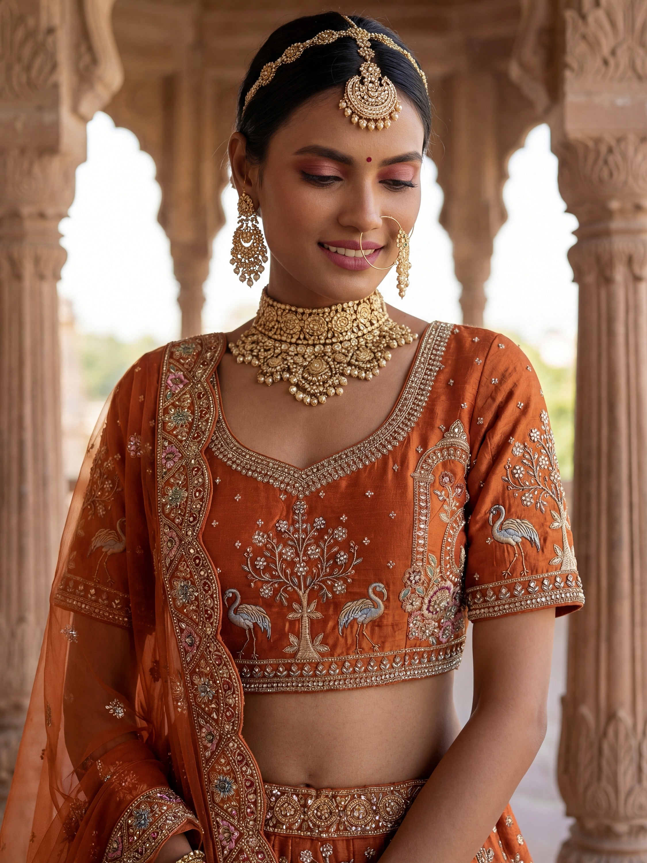 Great Orange Dori Work Silk Bridal Lehenga Choli With Double Dupatta