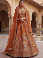 Classic Orange Embroidered Silk Bridal Lehenga Choli With Double Dupatta