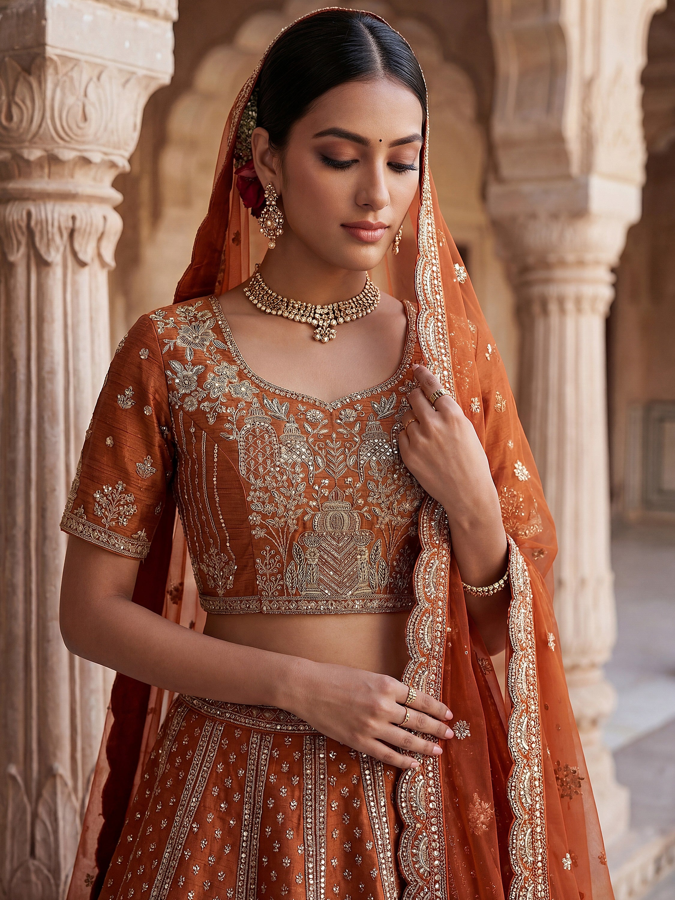 Classic Orange Embroidered Silk Bridal Lehenga Choli With Double Dupatta