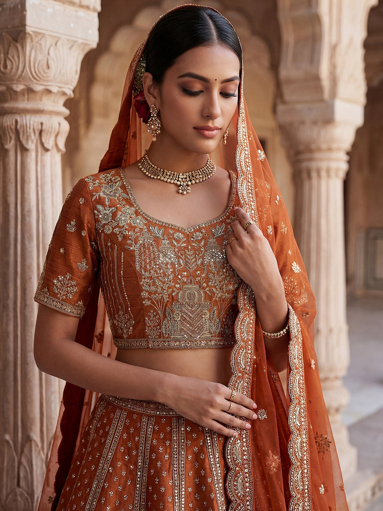 Classic Orange Embroidered Silk Bridal Lehenga Choli With Double Dupatta