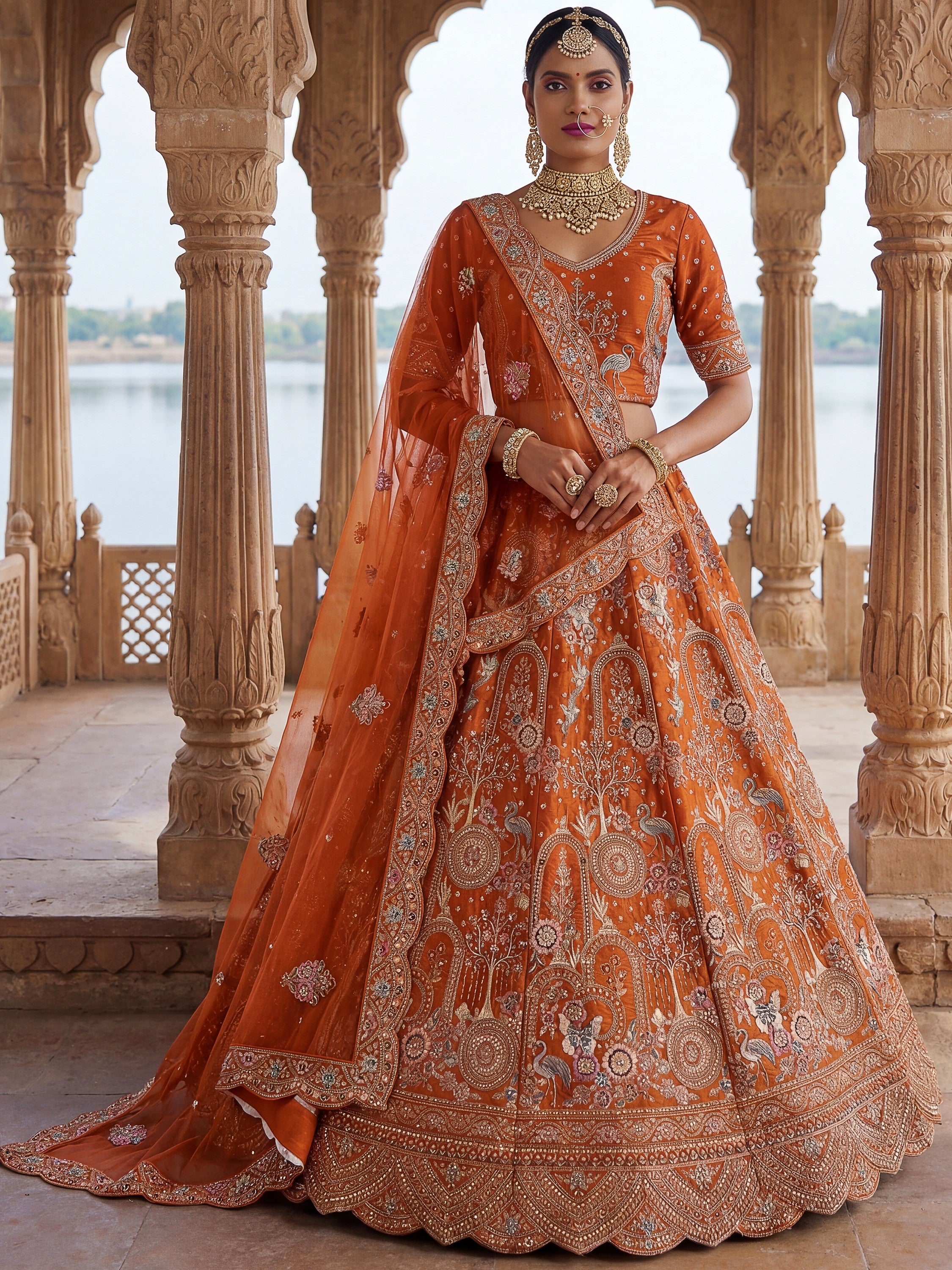 Great Orange Dori Work Silk Bridal Lehenga Choli With Double Dupatta