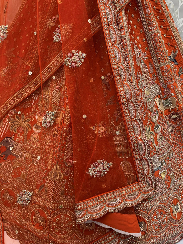 Classic Orange Embroidered Silk Bridal Lehenga Choli With Double Dupatta