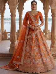 Great Orange Dori Work Silk Bridal Lehenga Choli With Double Dupatta