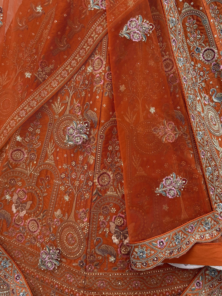 Great Orange Dori Work Silk Bridal Lehenga Choli With Double Dupatta