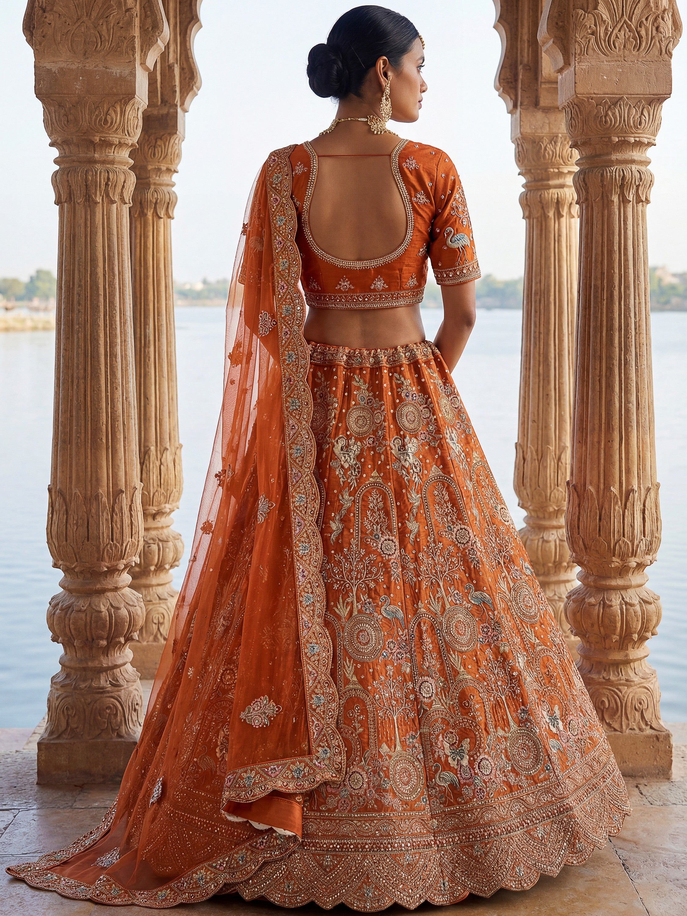 Great Orange Dori Work Silk Bridal Lehenga Choli With Double Dupatta