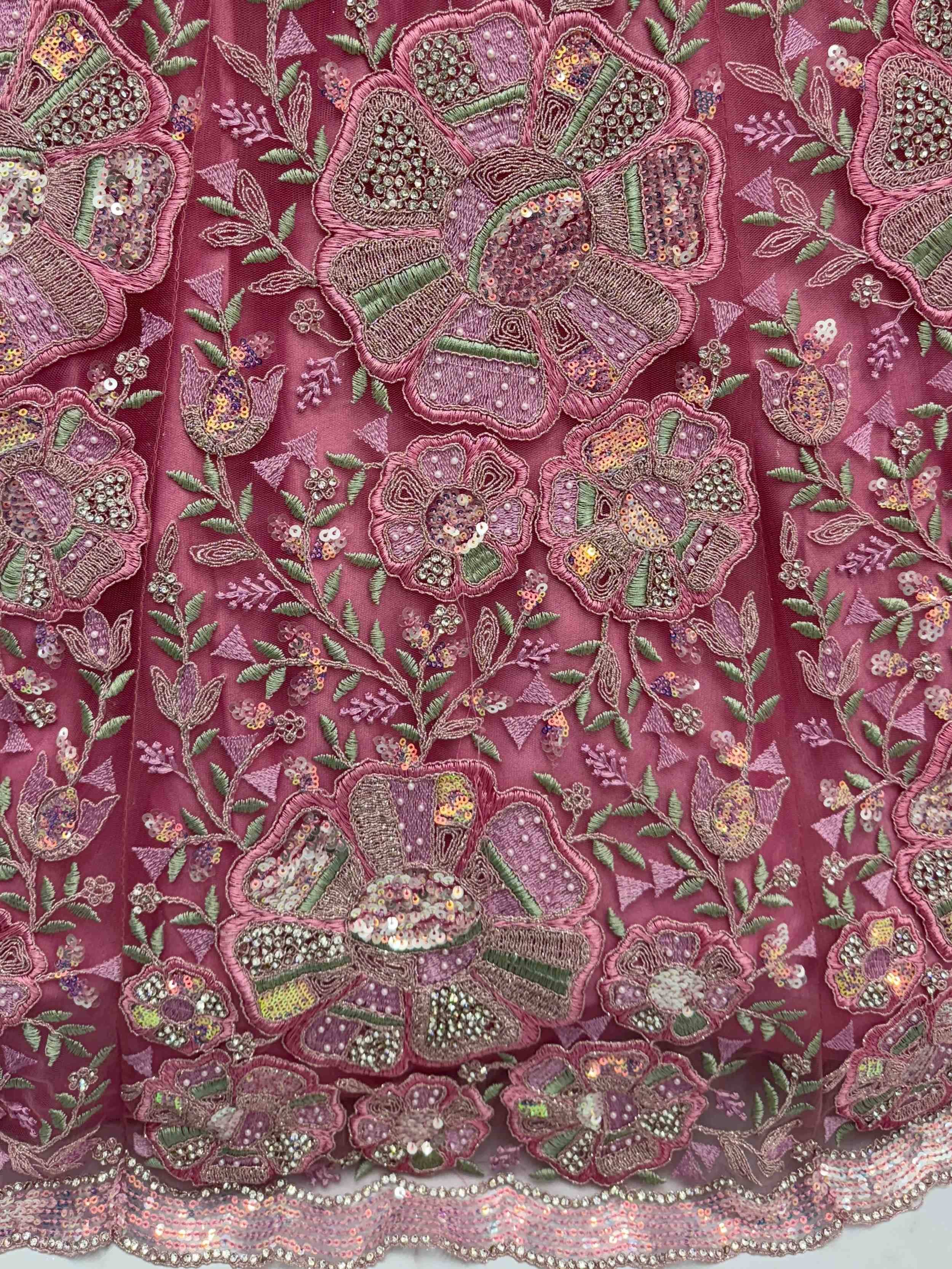 Pink floral embroidered lehenga fabric with sequins and beads, Indian ethnic wear detail
