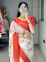 Adorning White Silk Printed Festival Wear Saree With Red Blouse