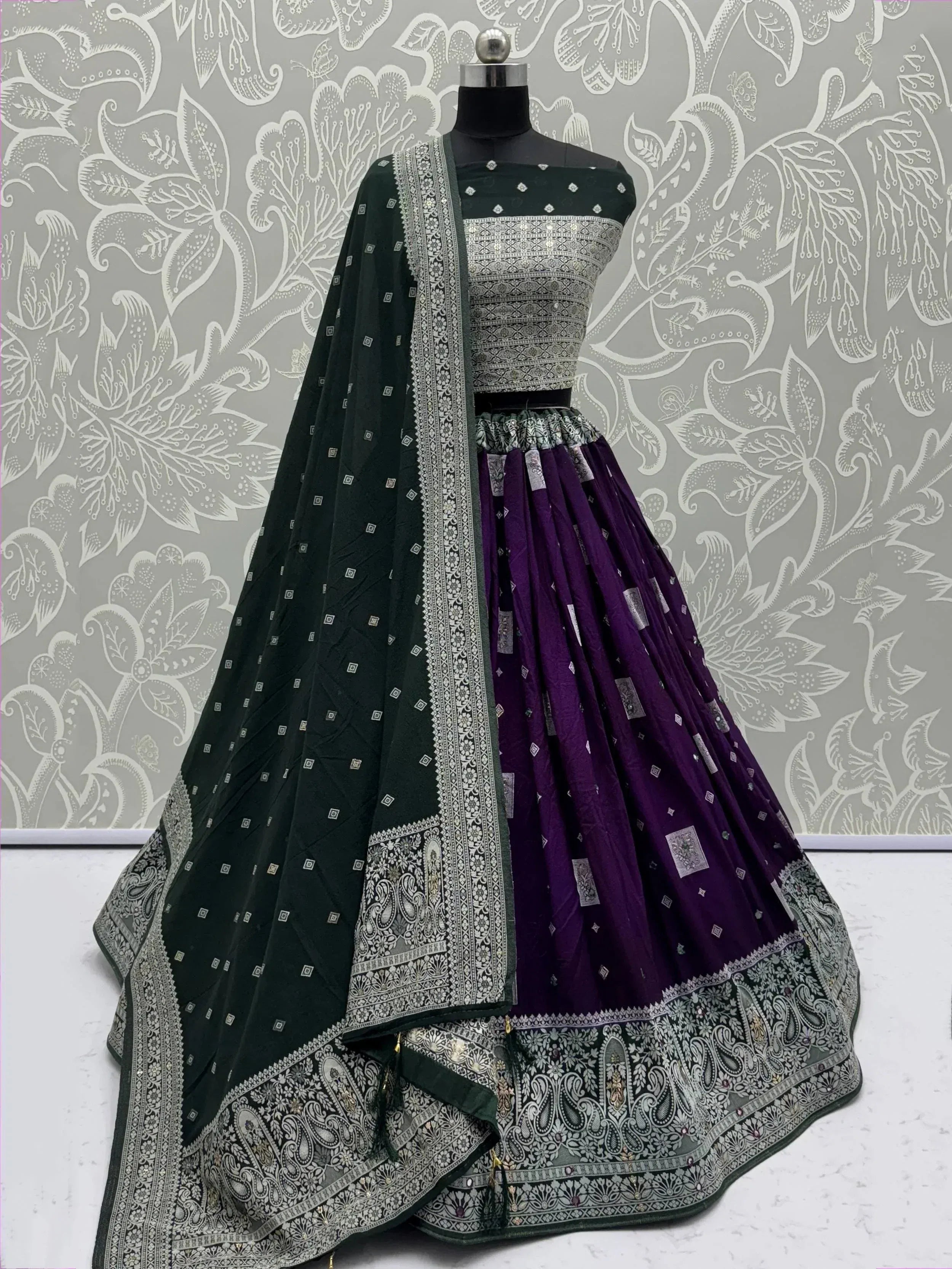 Green and purple designer lehenga choli with silver embroidery and paisley dupatta, ethnic wear