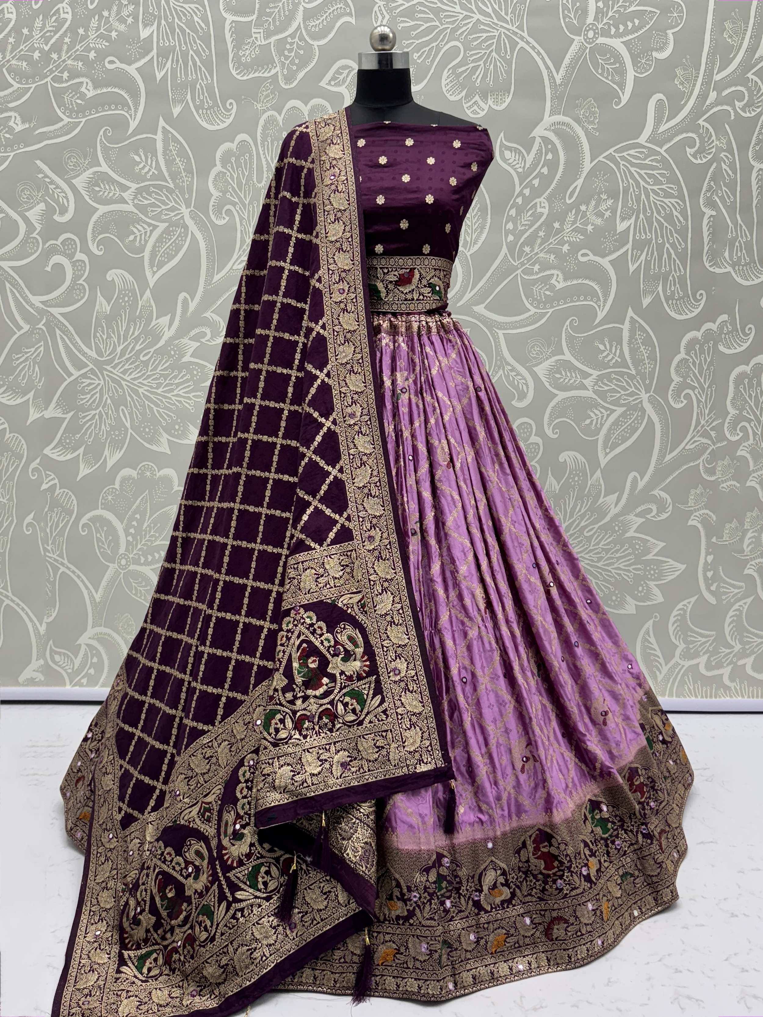 Purple and gold embroidered lehenga choli with matching dupatta, Indian ethnic wear