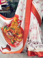 Adorning White Silk Printed Festival Wear Saree With Red Blouse