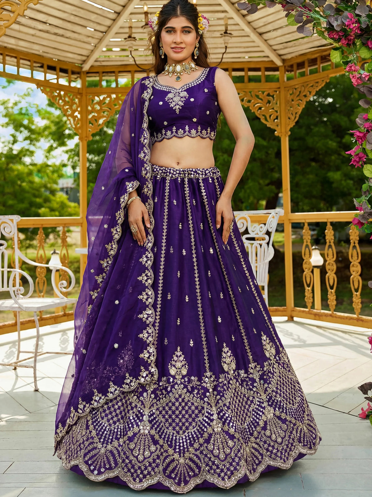 Charming Purple Dori Work Satin Wedding Wear Lehenga Choli