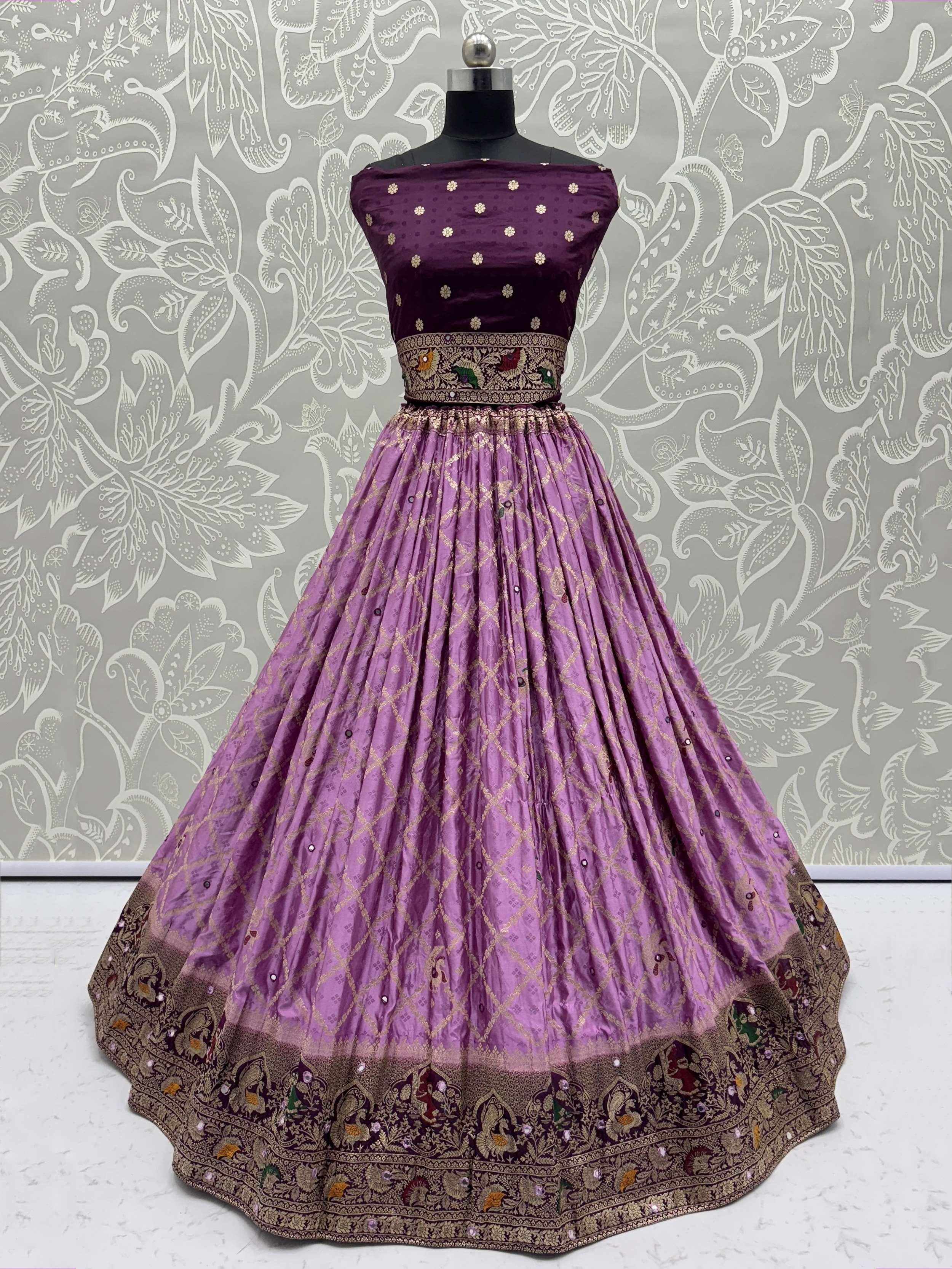 Purple designer lehenga choli with gold embroidery and floral border, ethnic Indian wear