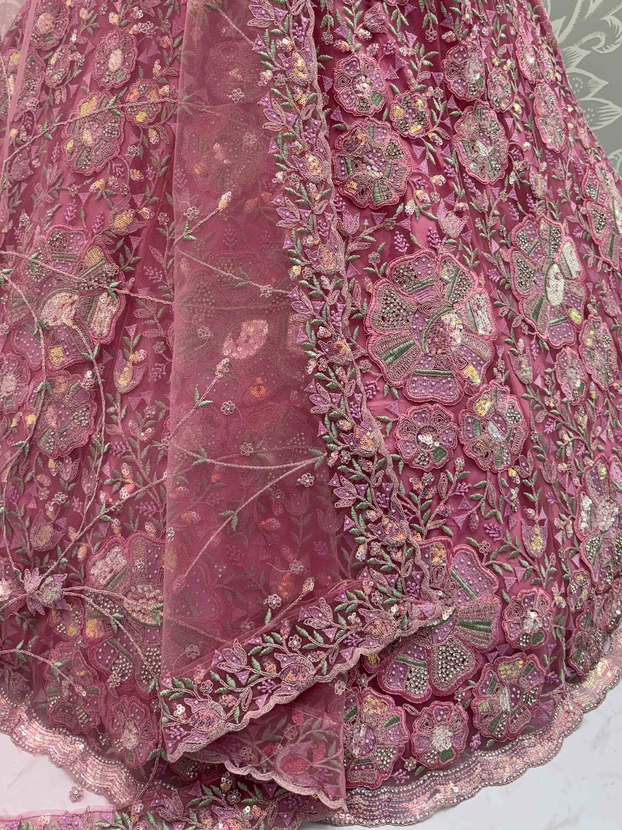 Pink embroidered lehenga with floral sequin detailing, perfect for Indian ethnic wear