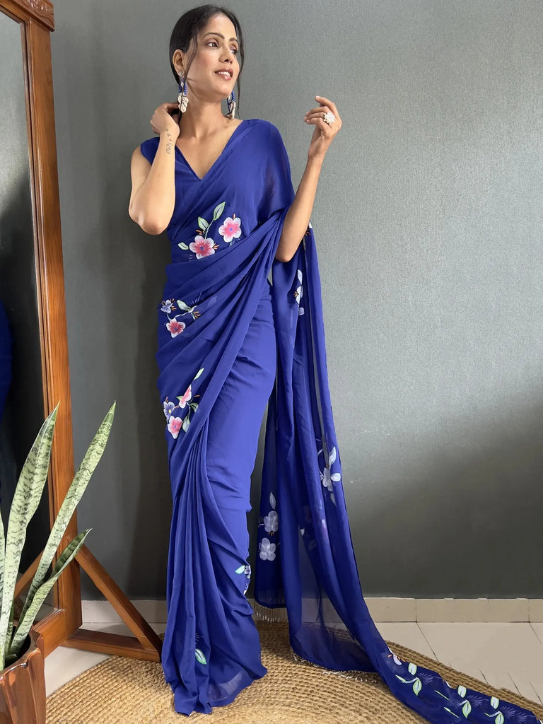 Charming Blue Floral Print Georgette Ready To Wear Saree With Blouse
