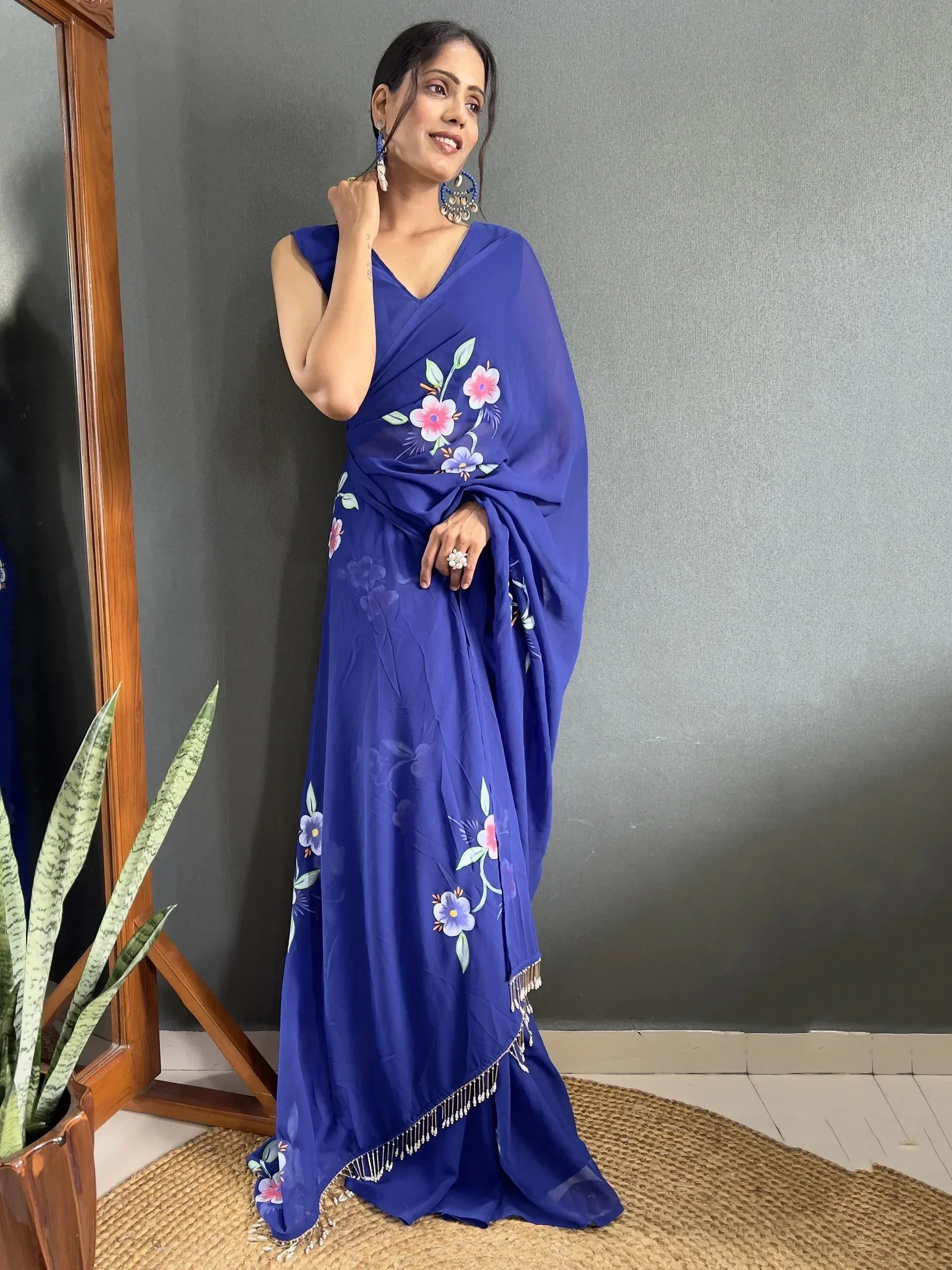 Blue floral printed saree with tassels, ethnic Indian wear for women
