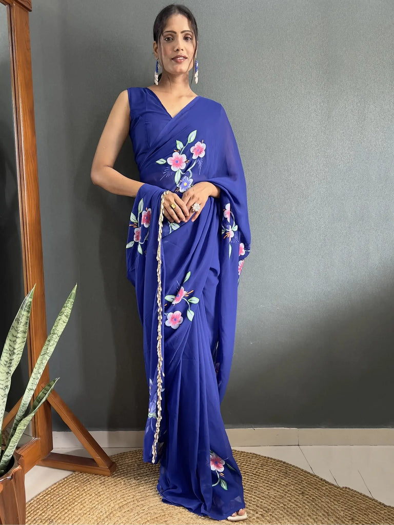 Charming Blue Floral Print Georgette Ready To Wear Saree With Blouse