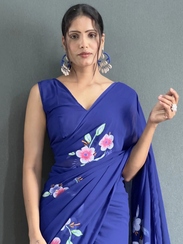Charming Blue Floral Print Georgette Ready To Wear Saree With Blouse
