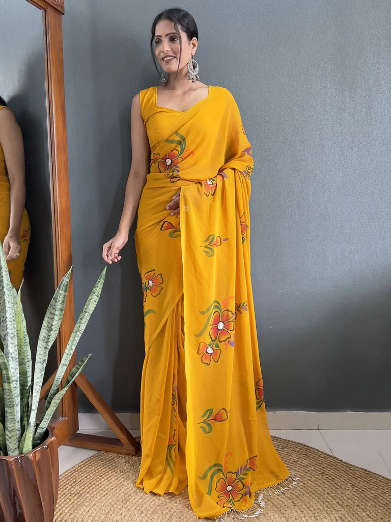 Lovely Yellow Floral Print Georgette Ready To Wear Saree With Blouse