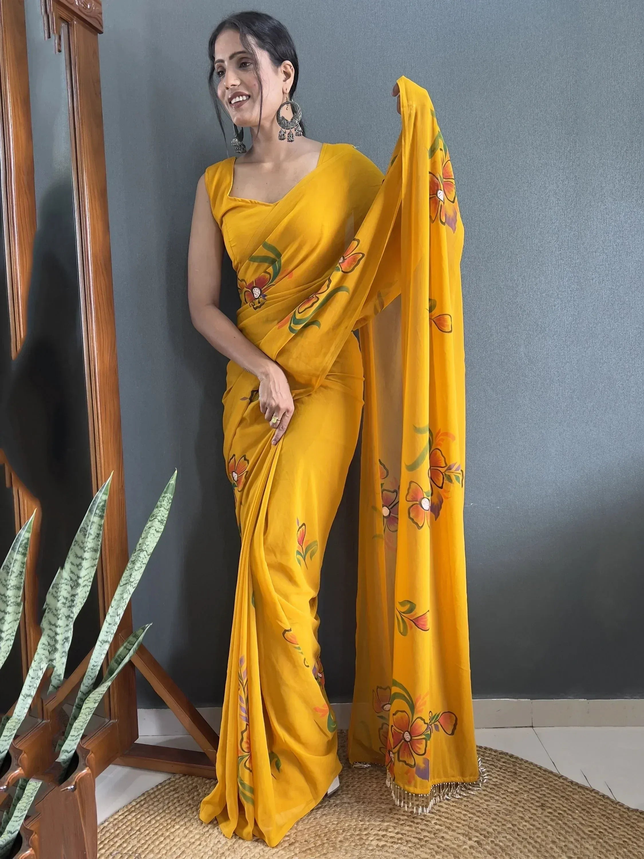 Yellow floral printed saree with matching blouse, ethnic Indian wear for women