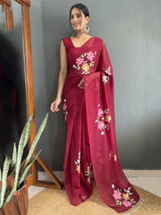 Sweet Maroon Floral Print Georgette Ready To Wear Saree With Blouse