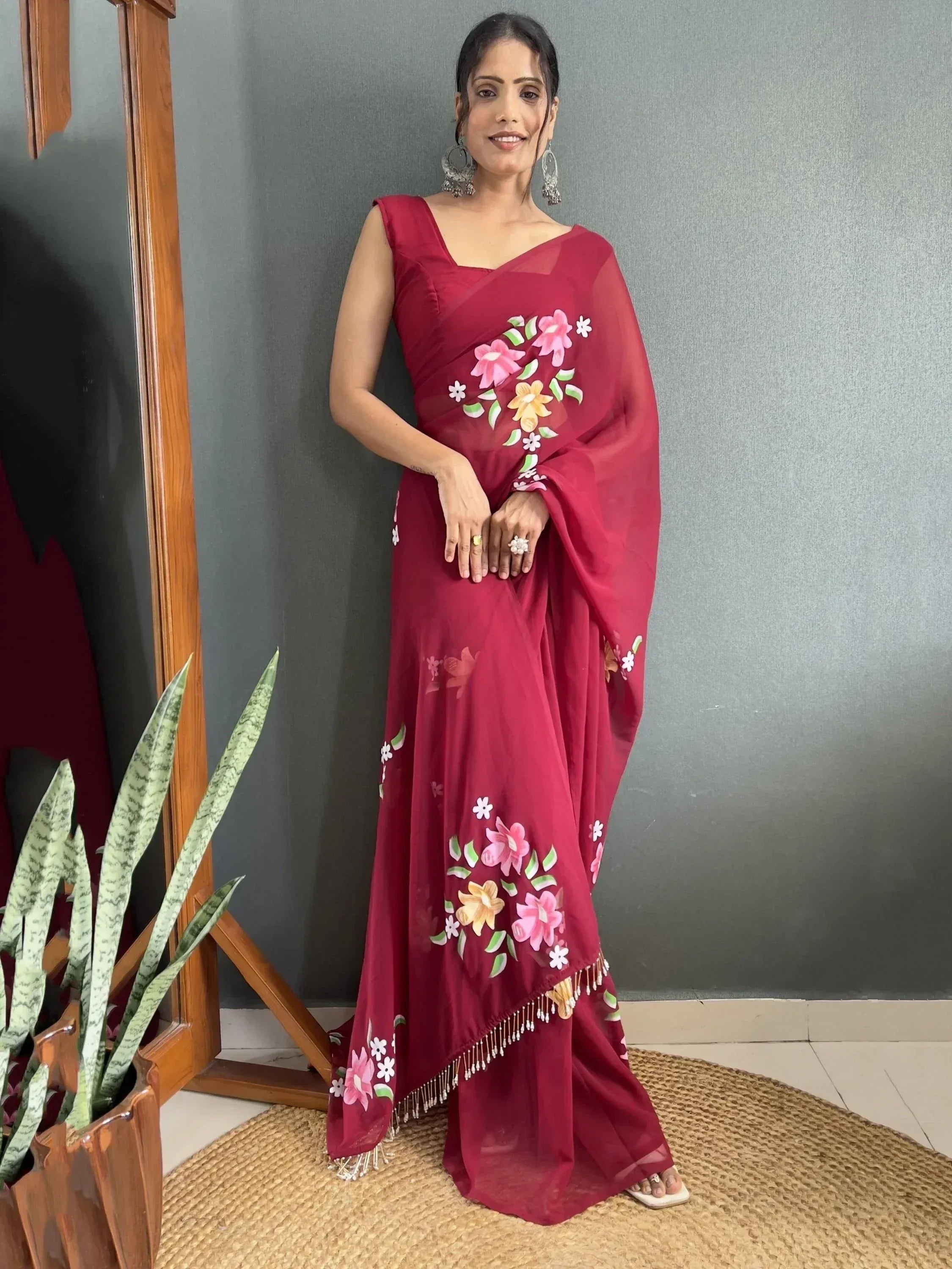 Maroon floral embroidered saree with tassels, Indian ethnic wear for women