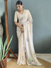 Loved Off-White Floral Print Georgette Ready To Wear Saree With Blouse